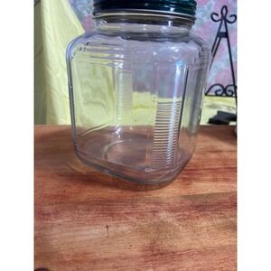 Vintage Clear Glass Square Canister Jar with Green Metal Lid Ribbed Sides 8.5in